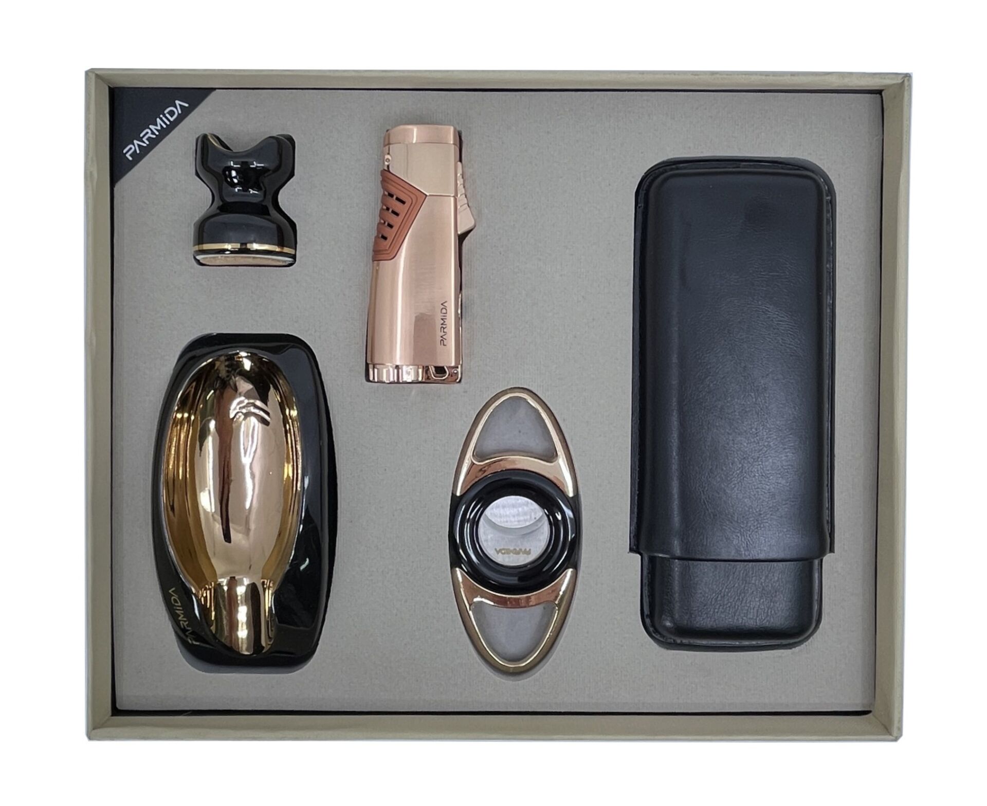 Parmida Lüks Beşli Puro Seti - Puro Kılıfı, Çakmak, Kesici, Küllük, Sehpa