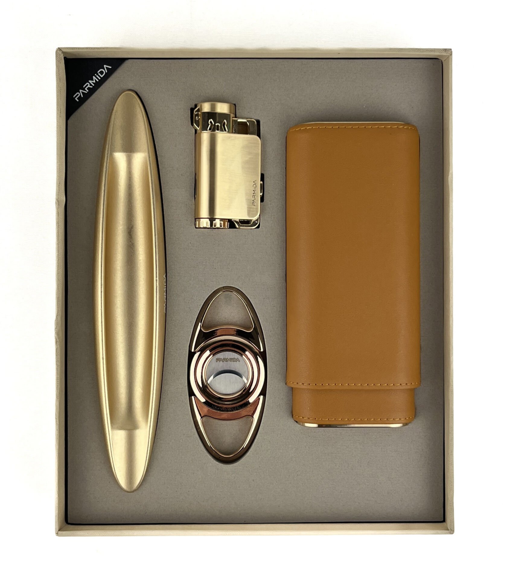 Parmida Mat Altın ve Taba Rengi Puro Seti - Puro Kılıfı, Çakmak, Kesici, Küllük