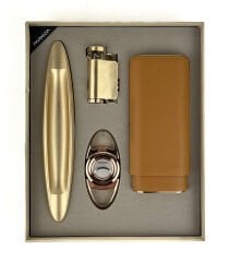 Parmida Mat Altın ve Taba Rengi Puro Seti - Puro Kılıfı, Çakmak, Kesici, Küllük