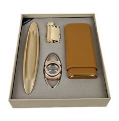 Parmida Mat Altın ve Taba Rengi Puro Seti - Puro Kılıfı, Çakmak, Kesici, Küllük