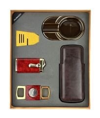 Parmida Prestige Beşli Puro Seti - Puro Kılıfı, Çakmak, Kesici, Sehpa, Küllük - Koyu Kahverengi