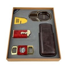 Parmida Prestige Beşli Puro Seti - Puro Kılıfı, Çakmak, Kesici, Sehpa, Küllük - Koyu Kahverengi