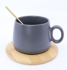 Bambu Tabaklı Seramik Kupa - Gri