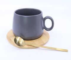 Bambu Tabaklı Seramik Kupa - Gri