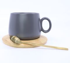 Bambu Tabaklı Seramik Kupa - Gri