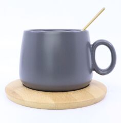 Bambu Tabaklı Seramik Kupa - Gri