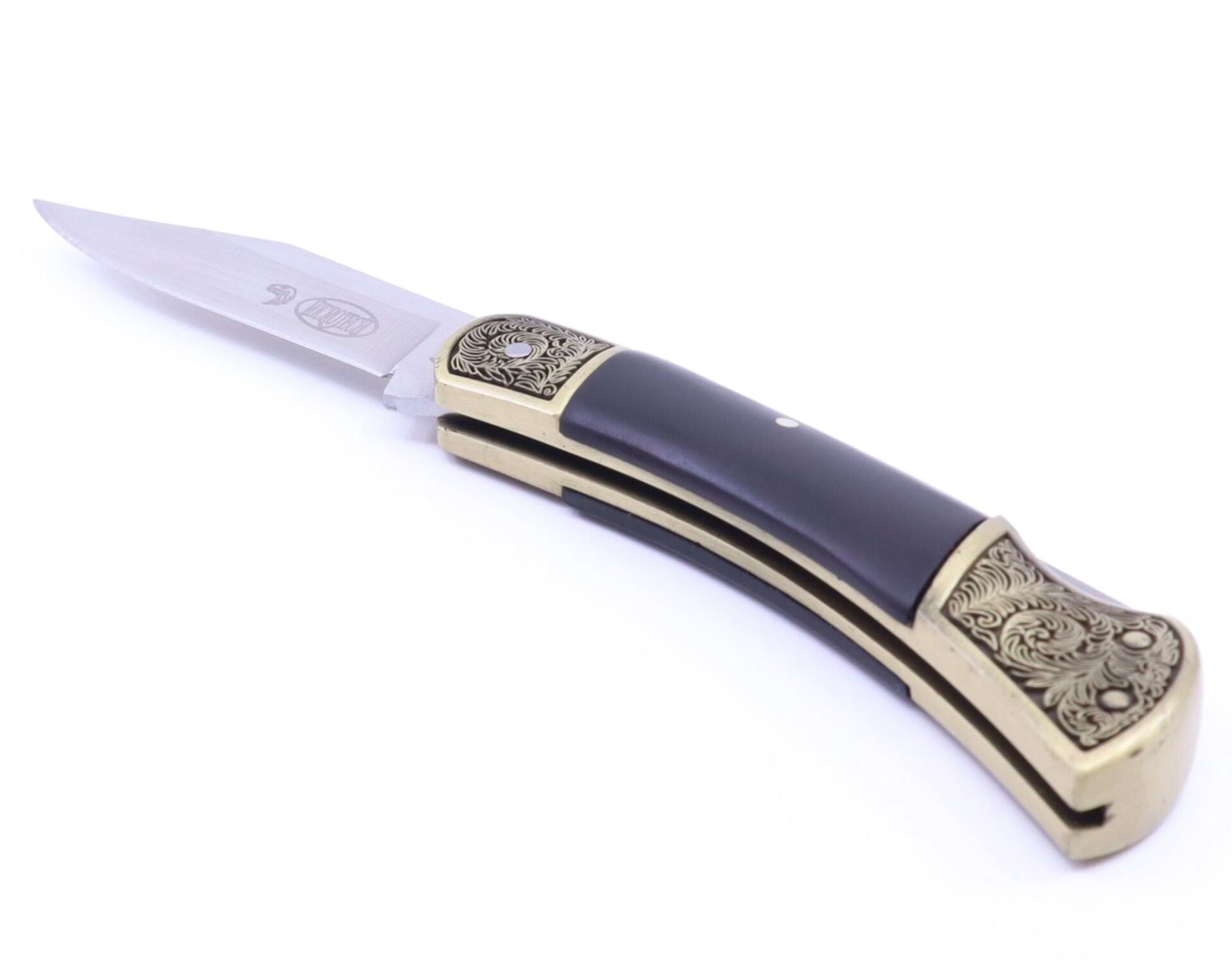 Microtech Pirinç Nakışlı Sırttan Kilitli Maun Ağacı Kabzalı Çakı - Siyah