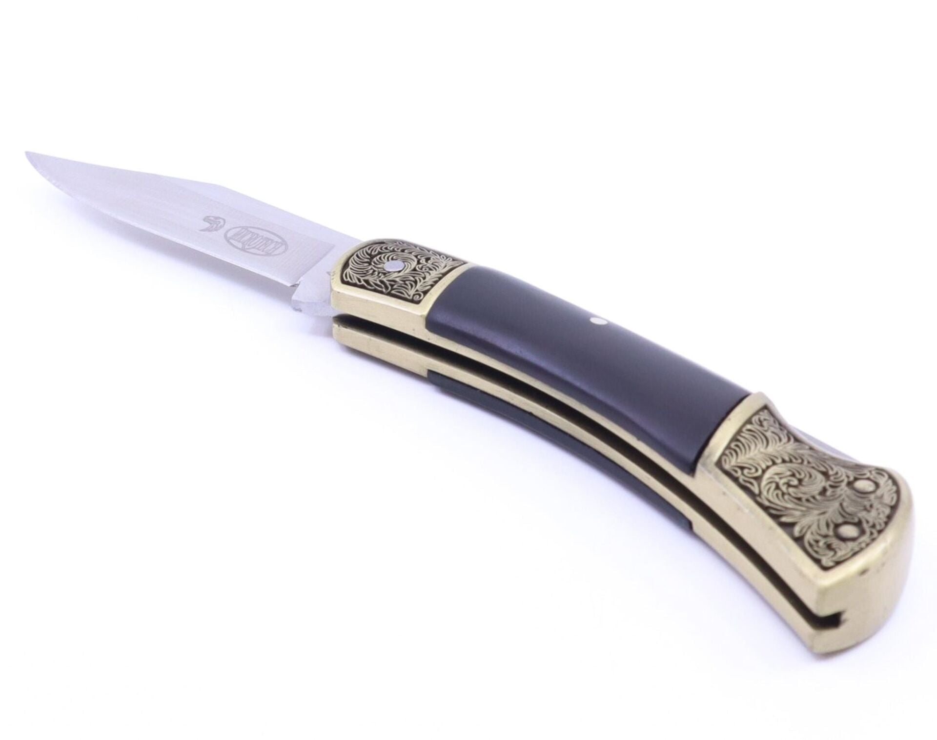 Microtech Pirinç Nakışlı Sırttan Kilitli Maun Ağacı Kabzalı Çakı - Siyah