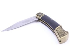 Microtech Pirinç Nakışlı Sırttan Kilitli Maun Ağacı Kabzalı Çakı - Siyah