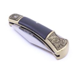 Microtech Pirinç Nakışlı Sırttan Kilitli Maun Ağacı Kabzalı Çakı - Siyah