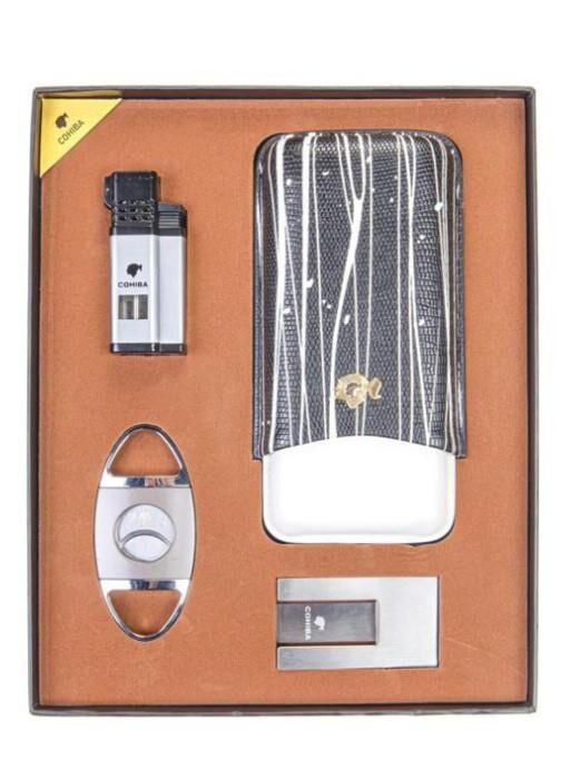 Cohiba Çakmak Kesici Kılıf Sehpa Dörtlü Puro Seti Gri