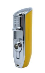 Özel Tasarım Sarı-Krom 3 Pürmüzlü (Torch) Puro Çakmağı - Dahili Delicili