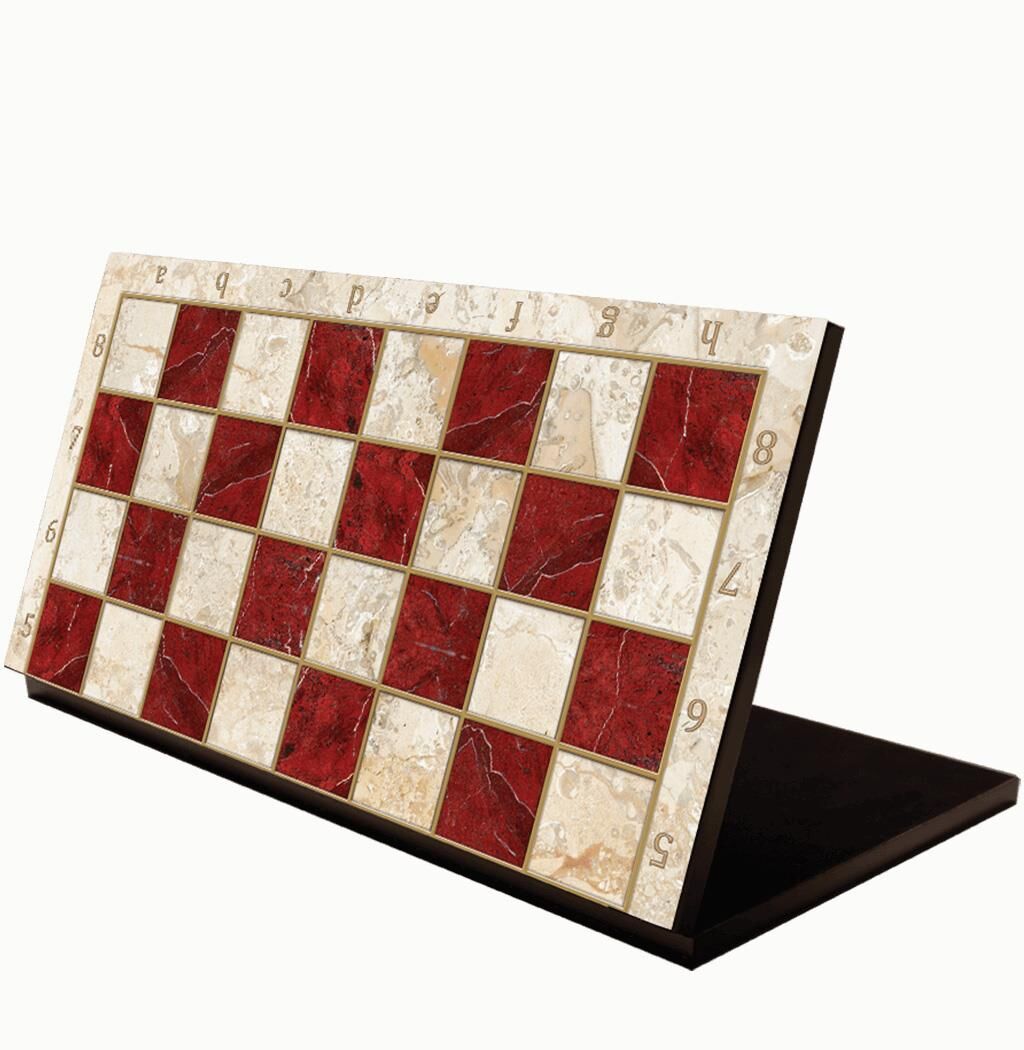 Büyük Boy Katlanır MDF Ahşap Satranç Tahtası Kırmızı Mermer Desenli (43cmx43 cm)
