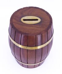 Pirinç - Ahşap Fıçı Kumbara Ofis Masa Dekoru Tip Box Büyük Boy