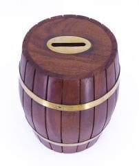 Pirinç - Ahşap Fıçı Kumbara Ofis Masa Dekoru Tip Box Büyük Boy