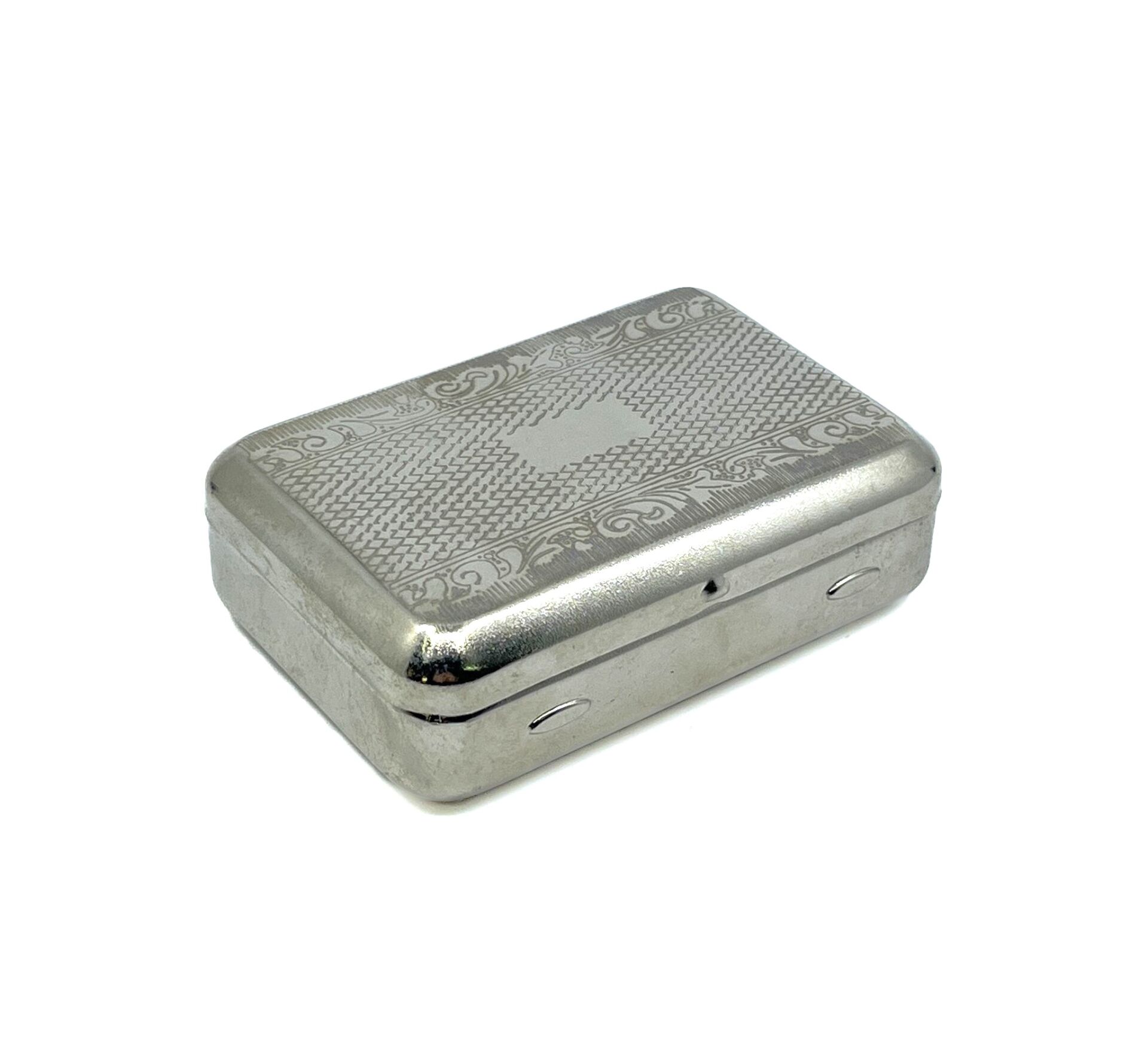 Nostaljik Desenli Metal Sigara Tabakası - Gümüş Renk İşlemeli Kutu