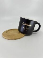 Bambu Tabaklı Seramik Kupa - Kahverengi