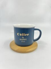 Bambu Tabaklı Seramik Kupa - Mavi