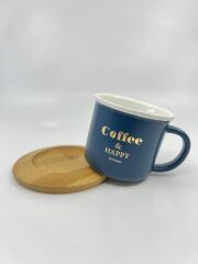 Bambu Tabaklı Seramik Kupa - Mavi