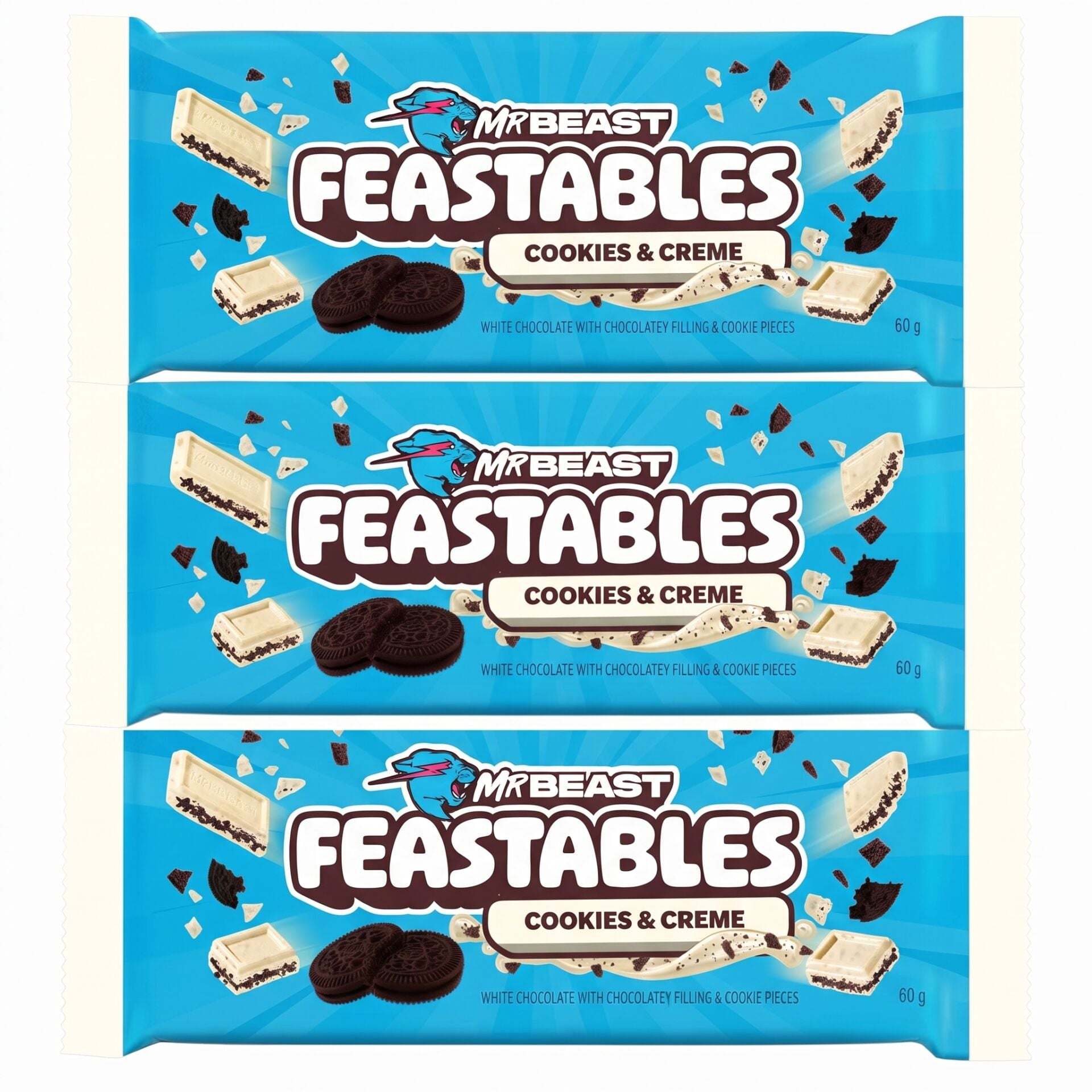 Mr Beast Feastables Cookies & Creme Kakao Kreması Aromalı Dolgulu ve Kurabiye Parçacıklı Beyaz Çikolata 60 g (3 ADET)