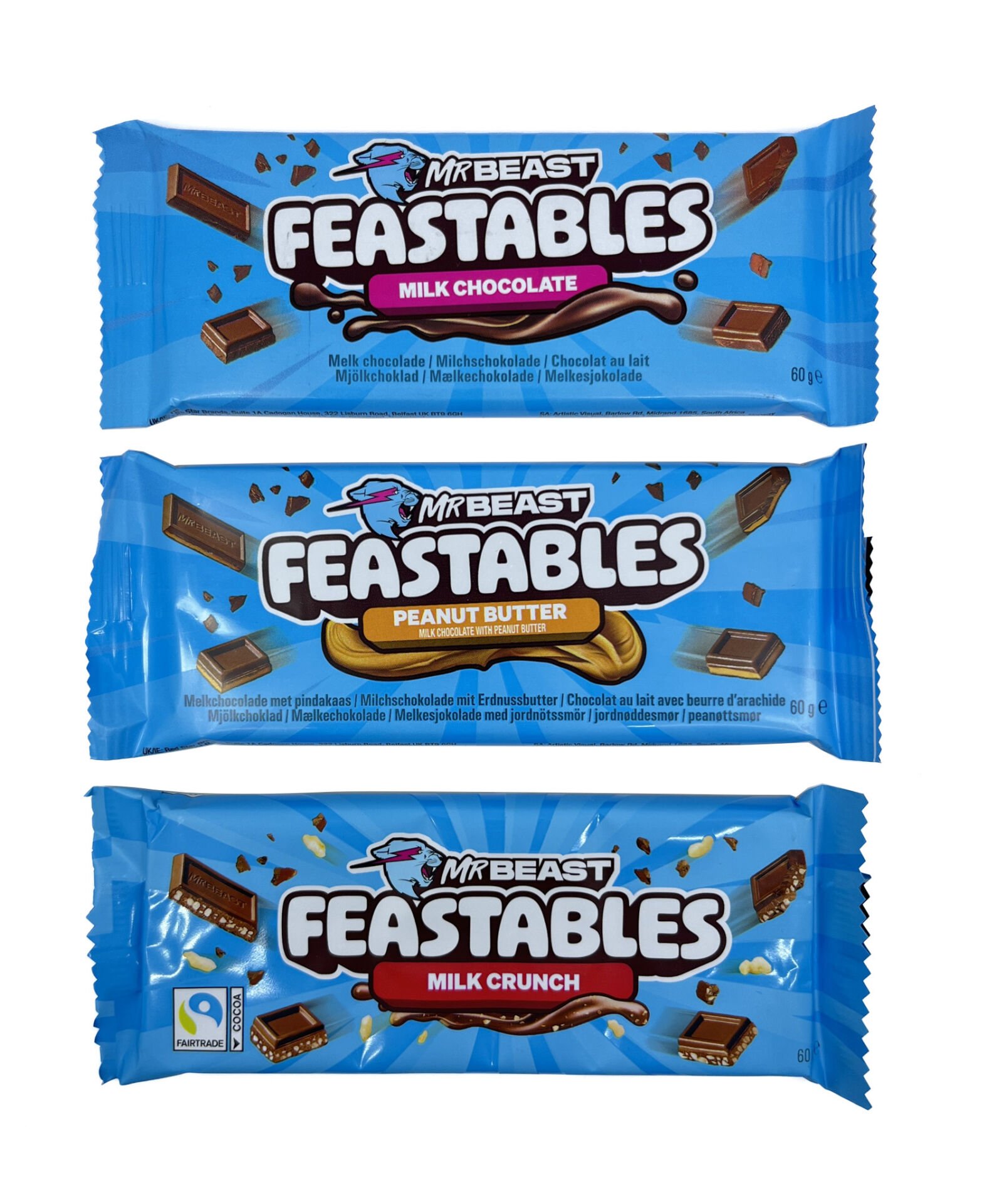 Mr Beast Feastables Peanut Butter - Milk Chocolate - Milk Crunch Sütlü Çikolata 3'lü Tadım Pakedi