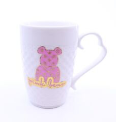 Porselen Kapaklı Pembe Ayıcık Desenli Porselen Kupa Bardak Beyaz