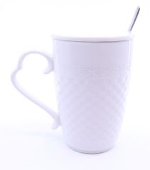 Porselen Kapaklı Pembe Ayıcık Desenli Porselen Kupa Bardak Beyaz