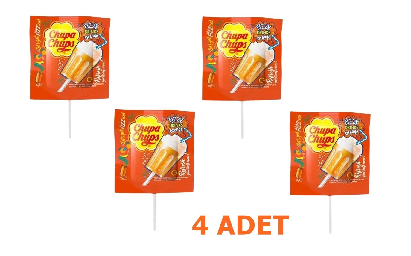 Chupa Chups 3D Fızzy Drinks Portakal Aromalı Lolipop Şeker 15 g x 4 ADET