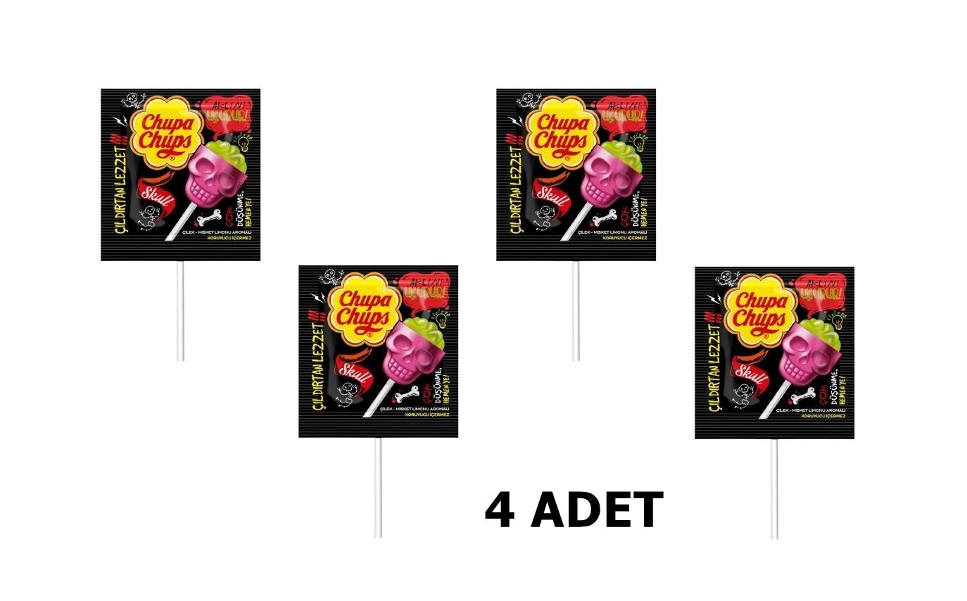 Chupa Chups Skull Çilek - Misket Limon Aromalı Lolipop Şeker 15 g x 4 ADET