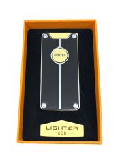 Hunter Lüks Şarj Edilebilir USB Çakmak – LED Şarj Göstergeli, Metal Gövde, Özel Kutusunda Hediyelik Çakmak (Siyah - Gold)