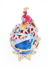 Swaroski Taşlı Yumurta Üzerinde Duran Tavus Kuşu Mücevher/Takı Kutusu - Mavi