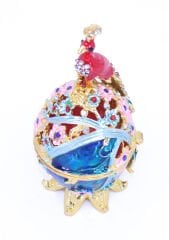 Swaroski Taşlı Yumurta Üzerinde Duran Tavus Kuşu Mücevher/Takı Kutusu - Mavi