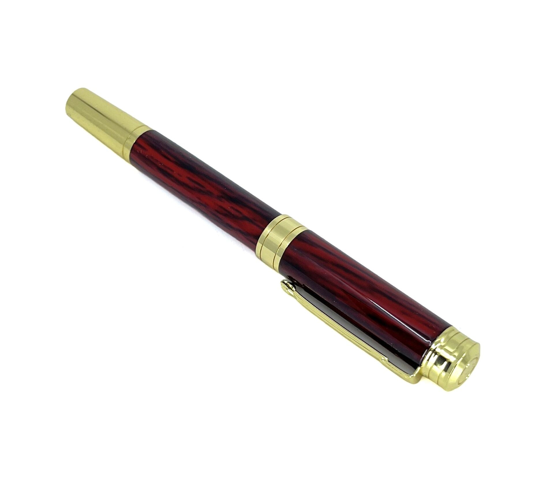 Özel Kutulu Lüks Metal Roller & Tükenmez Kalem - Bordo Ahşap Desenli Altın Detaylı Hediyelik Kalem