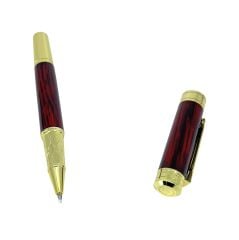 Özel Kutulu Lüks Metal Roller & Tükenmez Kalem - Bordo Ahşap Desenli Altın Detaylı Hediyelik Kalem