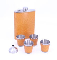 Paslanmaz Çelik Dört Shot Bardaklı Deri Kaplama Matara Seti - Turuncu