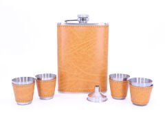 Paslanmaz Çelik Dört Shot Bardaklı Deri Kaplama Matara Seti - Turuncu