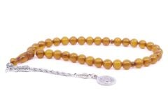 Küre Kesim Sıkma Kehribar Tesbih - Sarı Gölgeli 9 x 9 mm Osmanlı Tuğralı Püskül