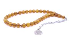 Küre Kesim Sıkma Kehribar Tesbih - Sarı Gölgeli 9 x 9 mm Osmanlı Tuğralı Püskül