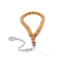 Küre Kesim Sıkma Kehribar Tesbih - Sarı Gölgeli 9 x 9 mm Osmanlı Tuğralı Püskül