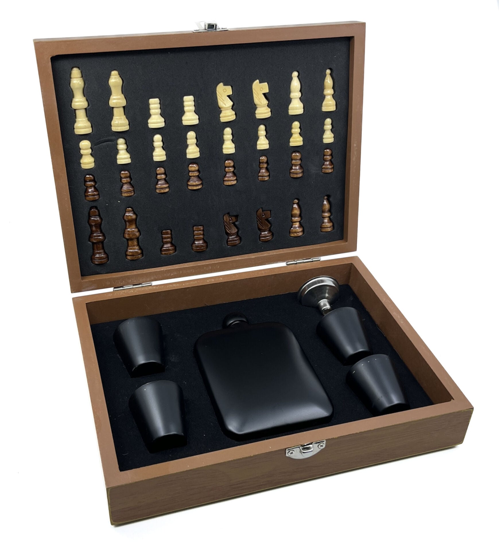 Lüks Ahşap Kutulu Mataralı Satranç Takımı Seti – 7 Parça Hediyelik Set