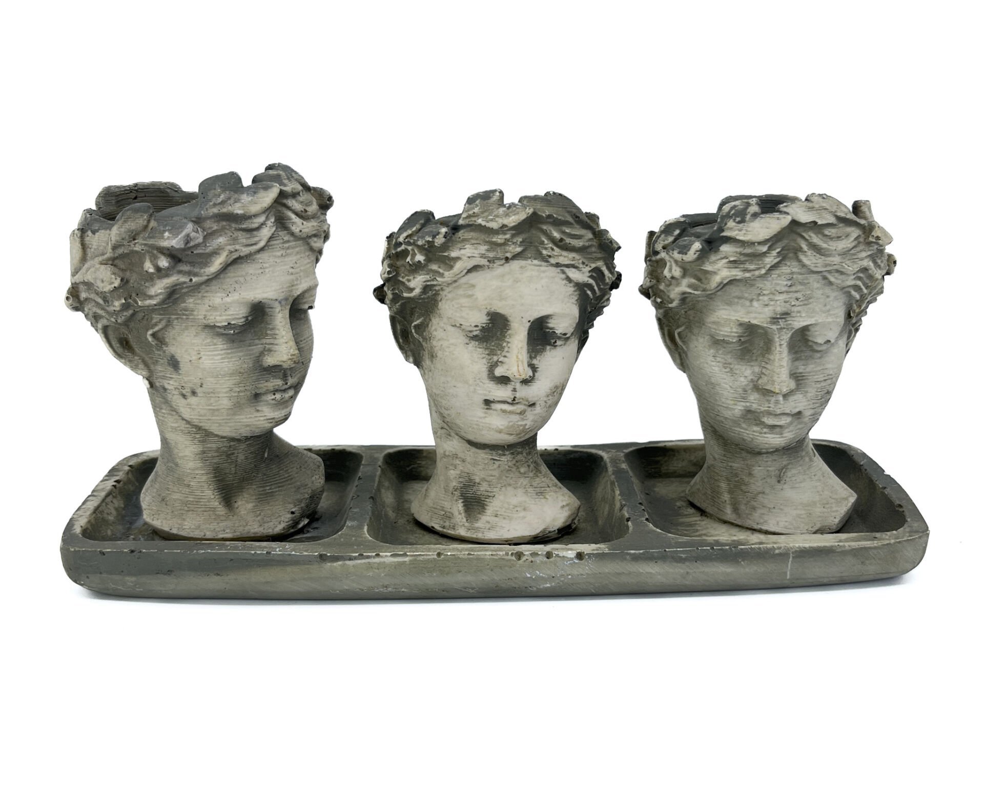 3’lü Helen Heykel Saksı ve Organizer - Antik Gri Dekoratif Büst