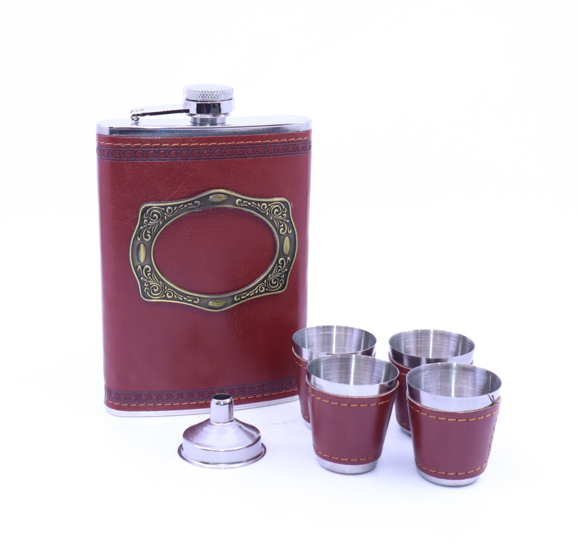 Paslanmaz Çelik Matara Seti Dörtlü Shot Bardağı - Kahverengi