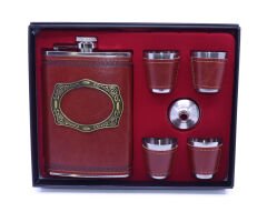 Paslanmaz Çelik Matara Seti Dörtlü Shot Bardağı - Kahverengi