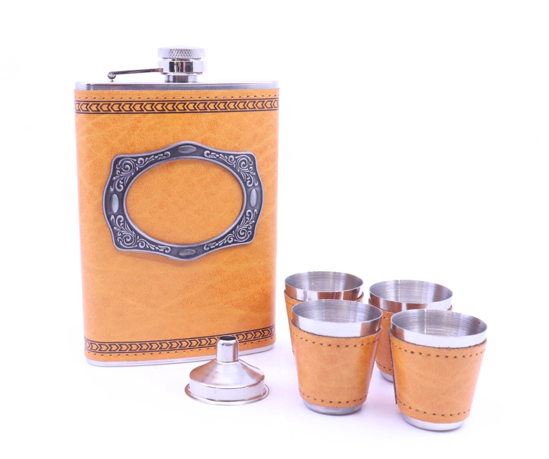 Paslanmaz Çelik Matara Dörtlü Shot Bardağı Set - Turuncu