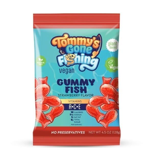 Tommy’s Gone Fishing Bitki Bazlı Çilekli Gummy Fish – Sağlıklı ve Lezzetli Vegan Atıştırmalık 128 g