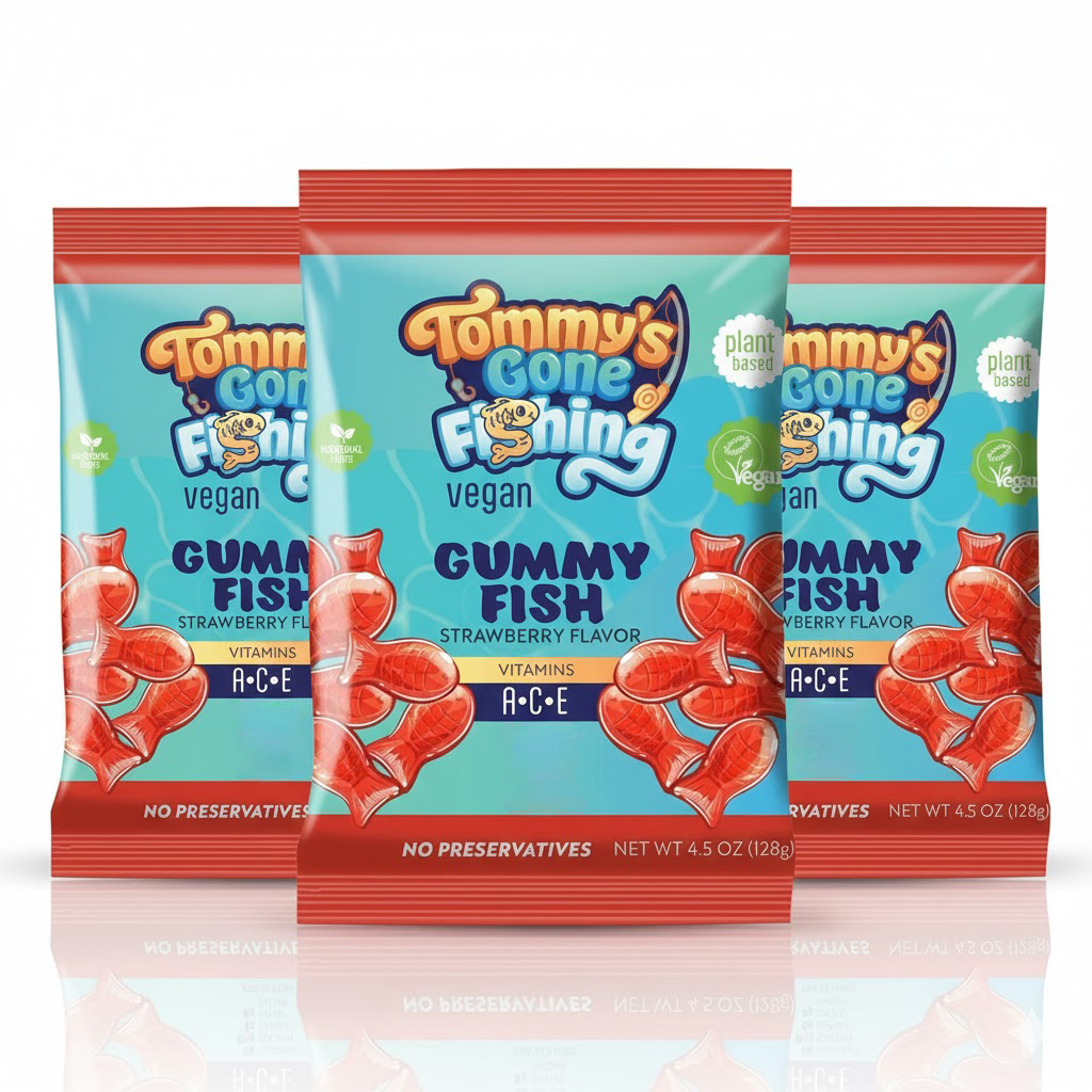 Tommy’s Gone Fishing Bitki Bazlı Çilekli Gummy Fish – Sağlıklı ve Lezzetli Vegan Atıştırmalık 128 g (3 ADET)