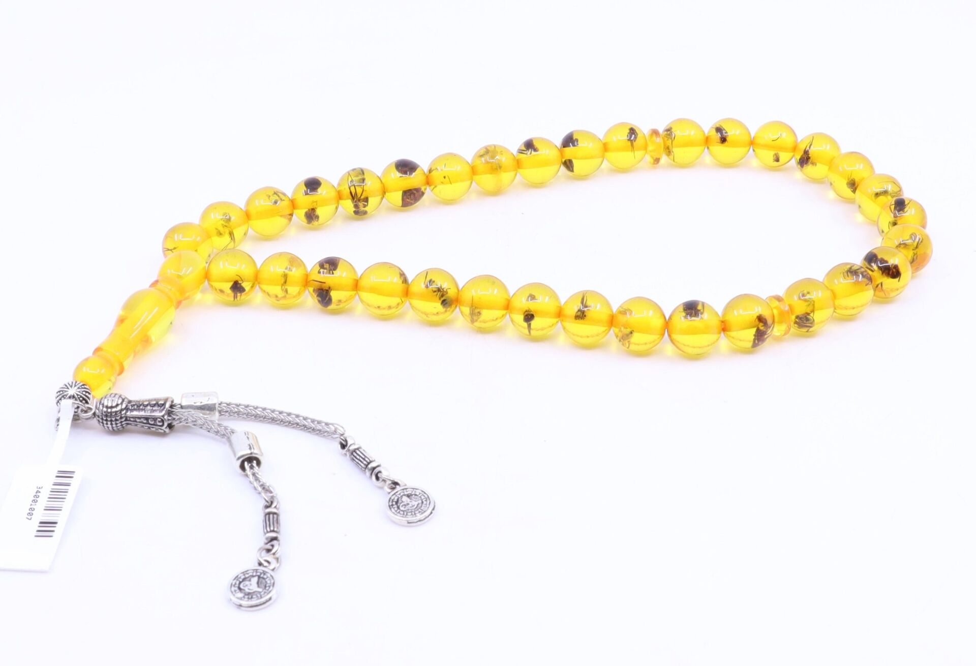 Küre Kesim Fosilli Sıkma Kehribar Tesbih Tuğra Püskül 9,5 x 9,5 mm