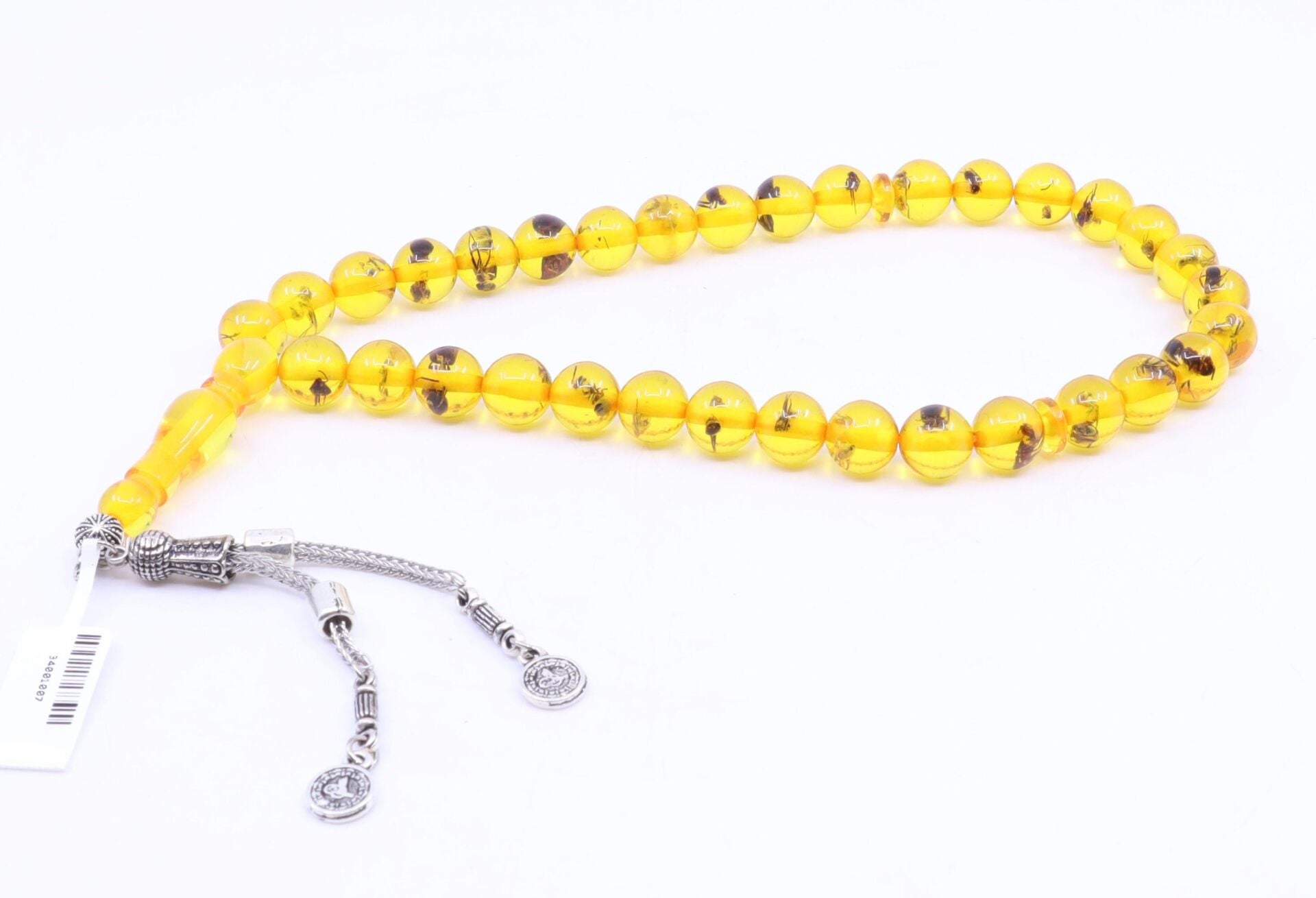 Küre Kesim Fosilli Sıkma Kehribar Tesbih Tuğra Püskül 9,5 x 9,5 mm