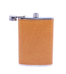 Turuncu Deri Kaplama Paslanmaz Çelik Cep Matarası - Hip Flask 9 OZ