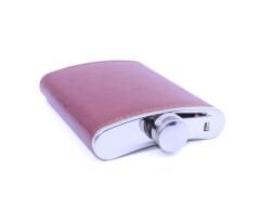 Kahverengi Deri Kaplama Paslanmaz Çelik Cep Matarası - Hip Flask 9 OZ
